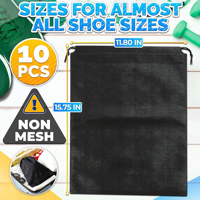Shoe Bags for Travel, 10 Pack, 11.8"x15.75", Drawstring, Solid (Black) | Travel Shoe Backpack Set; Waterproof, Lightweight Fabric; for Luggage, Clothes, Gym, and Closet Organizing - Image 2