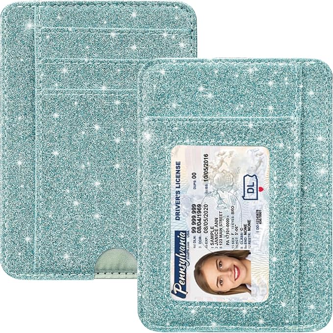 HOTCOOL Card Holder Wallet Front Pocket Minimalist Travel Cute Funny Thin Leather With RFID Blocking Small Credit Card Holder Wallet for Men & Women Girls Organizer Gifts, Glitter Blue by HOTCOOL