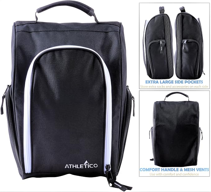 Athletico Golf Shoe Bag - Zippered Shoe Carrier Bags With Ventilation & Outside Pocket for Socks, Tees, etc. Perfect Storage (Black) - Image 2