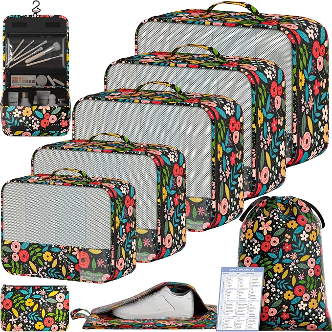 BAGAIL 9 Set Packing Cubes with Packing List Luggage Packing Organizers for Travel Accessories (Black floral) by BAGAIL