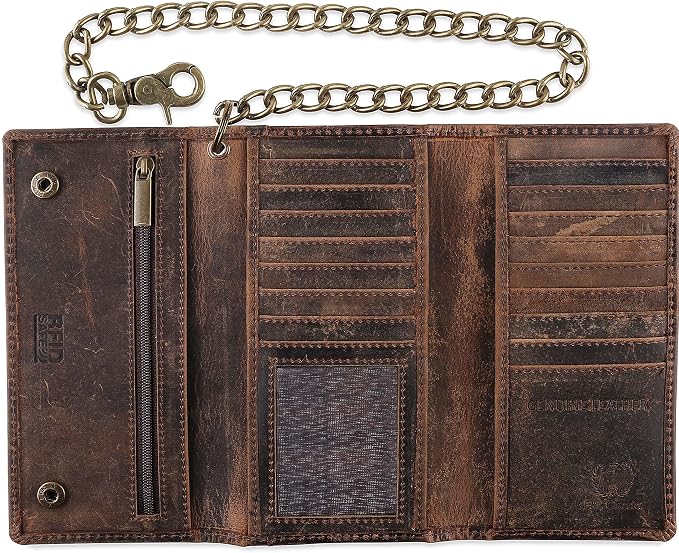 F&L CLASSIC RFID Blocking Mens Tri-fold Long Style Cowhide Leather Steel Chain Wallet,buffalo vintage leather by FLCLASSIC