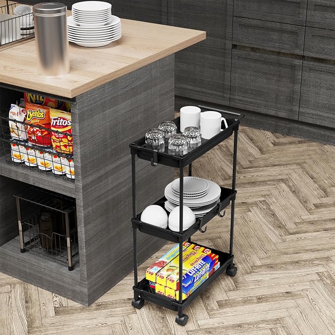 SimpleHouseware Standard 3-Tier Slim Rolling Storage Cart, Black - Image 6