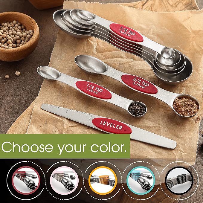 Spring Chef Stainless Steel Magnetic Measuring Spoons Set of 8, Red | Dual Sided Metal Teaspoon & Tablespoon Measuring Spoons with Leveler for Dry & Liquid Ingredients, Fits in Kitchen Spice Jars - Image 6