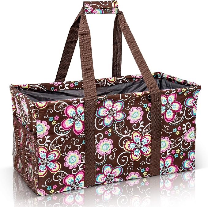 Extra Large Utility Tote Bag - Oversized Collapsible Reusable Wire Frame Rectangular Canvas Basket With Two Exterior Pockets For Beach, Pool, Laundry, Car Trunk, Storage - Brown Daisy by Lucazzi