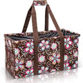 Extra Large Utility Tote Bag - Oversized Collapsible Reusable Wire Frame Rectangular Canvas Basket With Two Exterior Pockets For Beach, Pool, Laundry, Car Trunk, Storage - Brown Daisy by Lucazzi