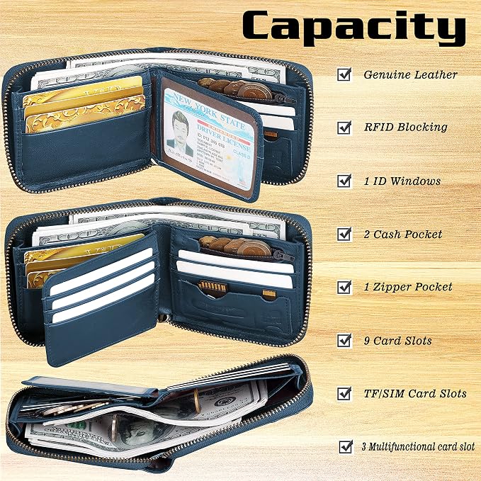 Admetus Mens RFID Blocking Wallets Zipper Leather Wallet for Men Bifold RFID Card Holder - Image 4