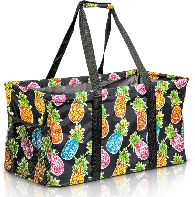 Extra Large Utility Tote Bag - Oversized Collapsible Reusable Wire Frame Rectangular Canvas Basket With Two Exterior Pockets For Beach, Pool, Laundry, Car Trunk, Storage - Pineapple by Lucazzi