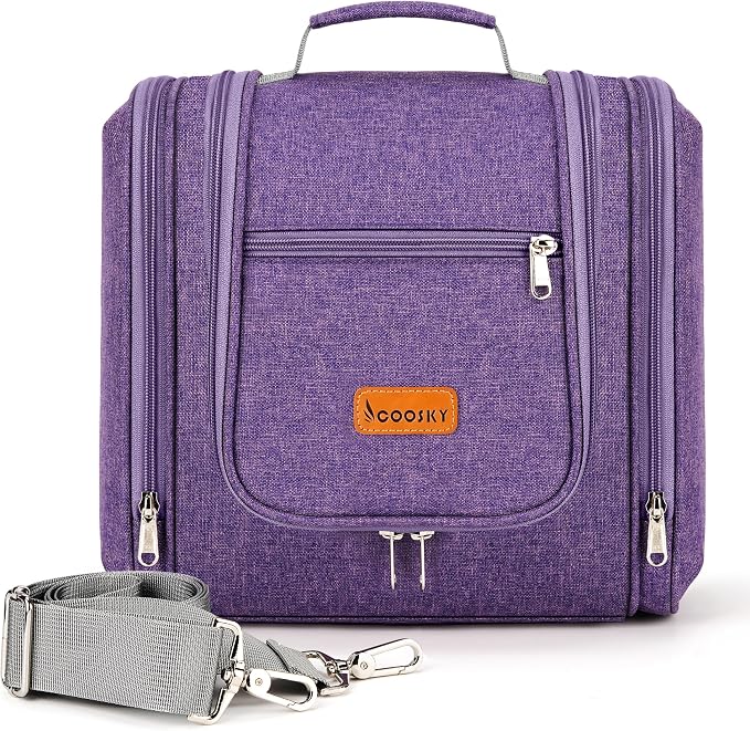 Hanging Travel Toiletry Bag for Women and Men, 6 Organizer Compartments, Large Toiletries essentials, Bathroom Cosmetic Accessories, Water-resistant Makeup Bag, Holds Full-Size Shampoo, Purple by COOSKY