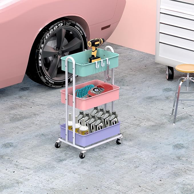 Simple Houseware 3-Tier Heavy Duty Metal Utility Rolling Cart, Multicolor - Image 4