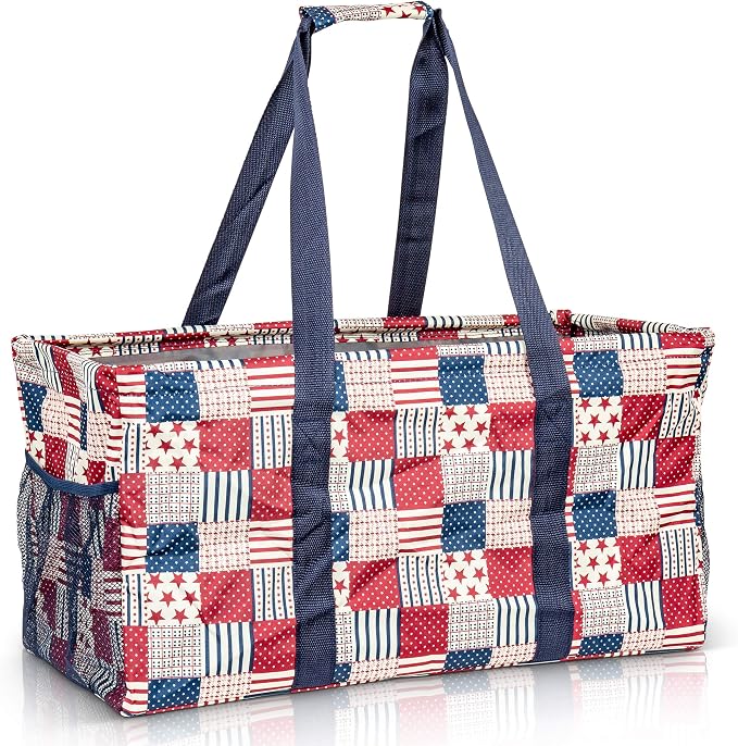 Extra Large Utility Tote Bag - Oversized Collapsible Reusable Wire Frame Rectangular Canvas Basket With Two Exterior Pockets For Beach, Pool, Laundry, Car Trunk, Storage - Patriotic Americana by Lucazzi