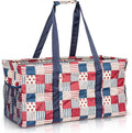 Extra Large Utility Tote Bag - Oversized Collapsible Reusable Wire Frame Rectangular Canvas Basket With Two Exterior Pockets For Beach, Pool, Laundry, Car Trunk, Storage - Patriotic Americana by Lucazzi