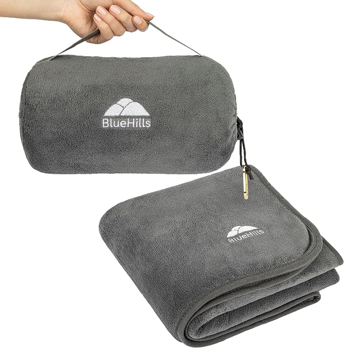 BlueHills Rolled Travel Blanket Pillows for Two Value Pack Set of 2 – Airplane Travel Essentials Soft Flight Trips Throws in Portable Cases for Car Plane Travel Gifts – Black and Gray. - Image 7