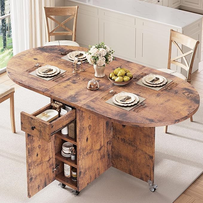 Jocoevol Round Folding Dining Table for 4, Space Saving Drop Leaf Kitchen Table with Storage Drawer, 6 Wheels Oval Gateleg Foldable Dining Table for Small Spaces(Vintage 47 * 23.6 * 30) by JOCOEVOL