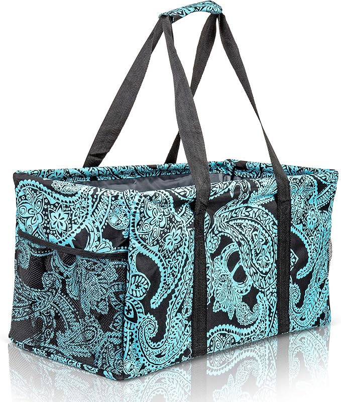 Extra Large Utility Tote Bag - Oversized Collapsible Reusable Wire Frame Rectangular Canvas Basket With Two Exterior Pockets For Beach, Pool, Laundry, Car Trunk, Storage - Paisley Blue by Lucazzi