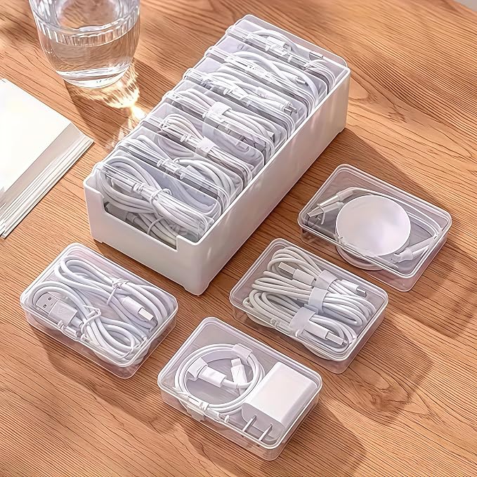 7 Grid Clear Cable Organizer Box with Switch for Desktop Cord Storage | Office desktop use, home wire sorting, stationery storage, detachable dividers, tidy cable arrangement by DTHUIHUA
