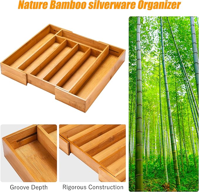 Bellsal Silverware Organizer Kitchen Drawer Organizer Expandable Bamboo Utensil Holder Cutlery Tray for Kitchen Utensil and Flatware Bedroom Office - Image 5