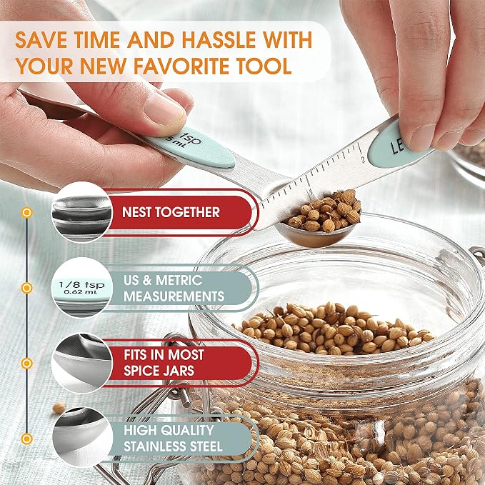 Spring Chef Stainless Steel 8 Magnetic Measuring Spoons Set, 2 Pack, Mint | Dual Sided Metal Teaspoon & Tablespoon Measuring Spoons with Leveler for Dry & Liquid Ingredients, Nesting, Dishwasher Safe - Image 5