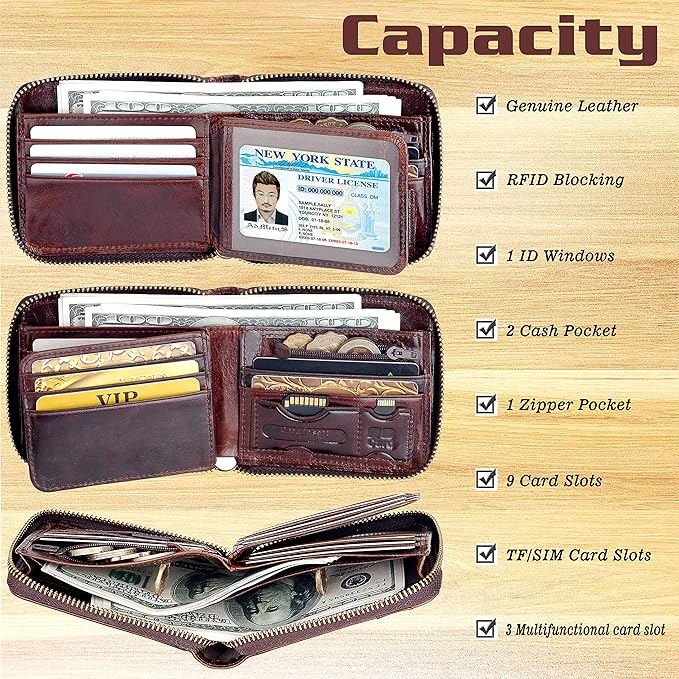 Admetus Mens RFID Blocking Wallets Zipper Leather Wallet for Men Bifold RFID Card Holder - Image 4