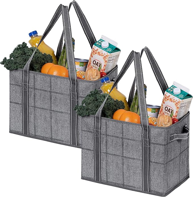 VENO 2 Pack Extra Large Reusable Grocery Shopping Bags Utility Tote | Water Resistant, Storage Box w/ Sturdy Side Handles & Hard Bottom, Foldable for Groceries Shopping Cart(Windowpane, 8 Gallon) by Veno
