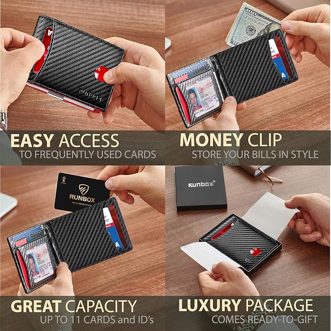 RUNBOX Slim Wallet for Men Genuine Leather RFID Blocking Bifold Minimalist Front Pocket Mens Wallet with Money Clip Thin Gift Box - Image 2