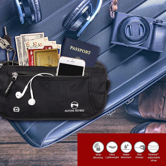 Alpine Rivers Money Belt for Travel - RFID Hidden Wallet, Onyx Black | Triple-layer RFID shielding, hidden passport holder and waist wallet, 7 card sleeves included, fits 26-56 inch waists - Image 4