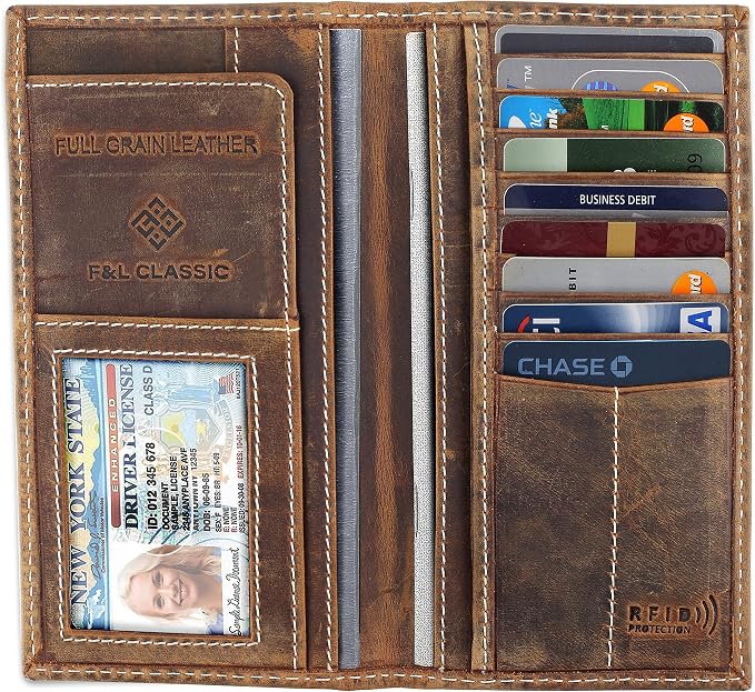 F&L CLASSIC Men's RFID Vintage Look Genuine Leather Long Bifold Wallet Checkbook Wallets,buffalo wax vintage leather,240 wax brown w/white stitching - Image 3