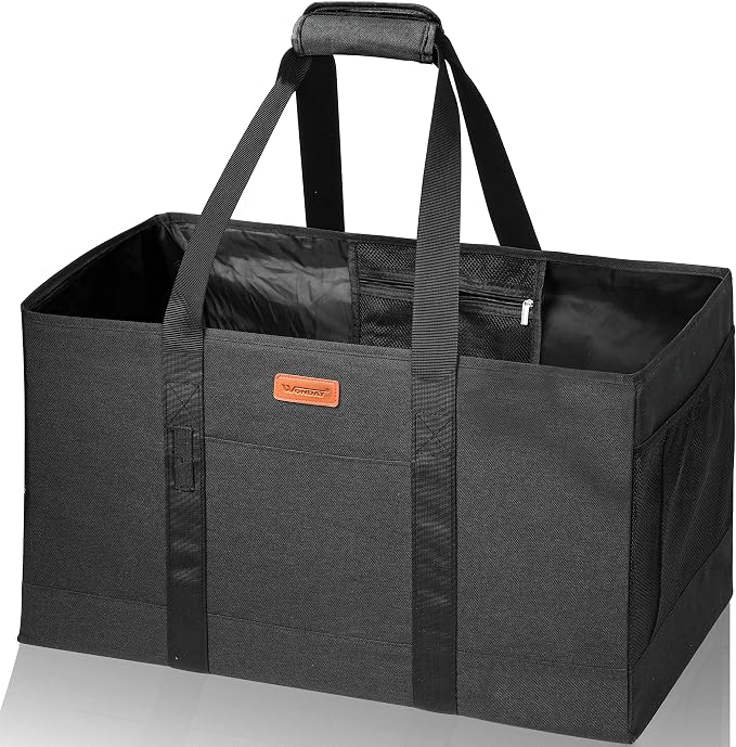 WONDAY Black Foldable Utility Tote Bag, Reusable Grocery Bag | 22x11x13in, holds 50lbs, 600D Oxford fabric with PP board bottom, folds flat, side panels only, not self-standing by WONDAY