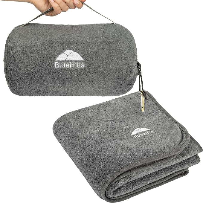 BlueHills Premium Soft Rolled Travel Blanket Airplane Plush Throw - Gray | 70X48 Large Plane Pillow/Blanket, Luggage Strap, Soft Case, Must Have Airplane Essential, Long Flights, Portable, Lightweight by BlueHills