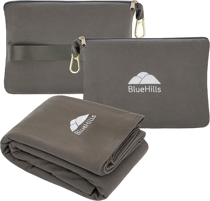 BlueHills Lightweight Travel Blanket Pillows Compact for Two Airplane Traveling Essentials Flight Throws in Bag case with Backpack Clip Compact Large Plane Accessories – Gray and Beige - Image 2