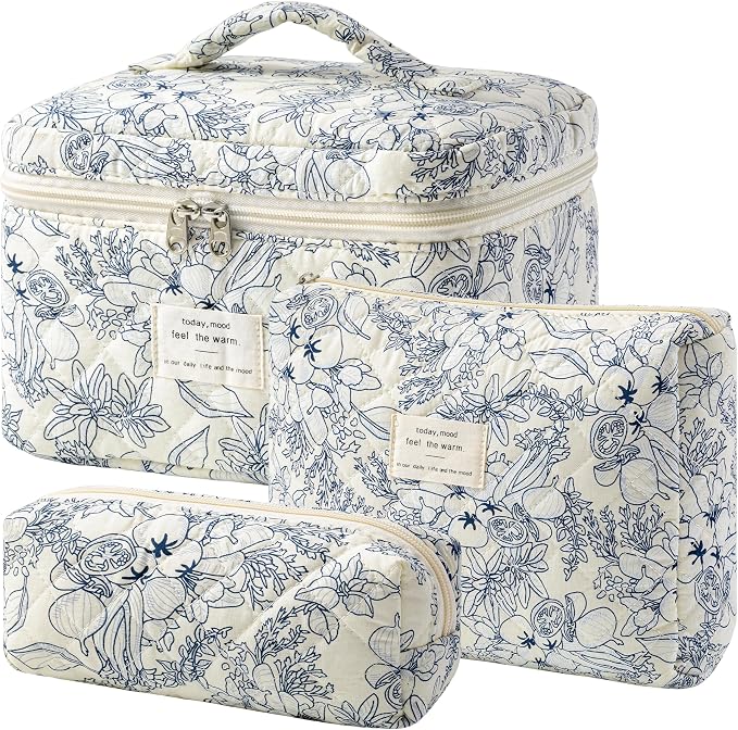 HBselect Quilted Makeup Bag, 3Pcs Cotton Large Travel Makeup Bags Organizer | Cute Floral Make up Bag Cosmetic Bag Toiletry Bag for Women Girls, Makeup Pouch for Skincare, Brushes & Travel Essentials by HBselect