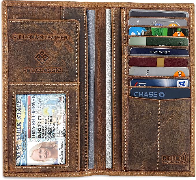 F&L CLASSIC Men's RFID Vintage Look Genuine Leather Long Bifold Wallet Checkbook Wallets,buffalo wax vintage leather,240 wax brown - Image 3