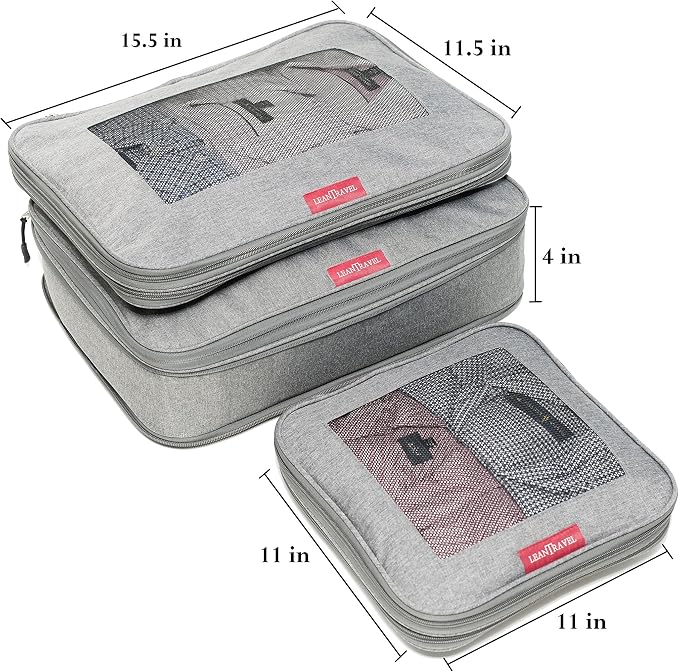 LeanTravel Premium Compression Packing Cubes for Travel - Suitcase Organizer Bags with Double Zipper & Breathable Mesh Panel - Space Saving Carry On Luggage Essentials (3-Pack, Grey) - Image 8