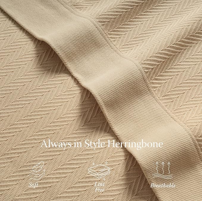 Threadmill Luxury Cotton Blankets for Queen Size Bed | All-Season 100% Cotton Queen Size Blanket | Herringbone Cozy, Soft Breathable Fall Thermal Blanket fits Full Size Bed, 90x92 | Beige | 100% Cotton, Herringbone Pattern, 90x92 in, Breathable, Moistu... - Image 4