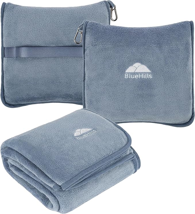 BlueHills Premium Soft Travel Blanket Pillow Combo Airplane Grayish Blue | Airplane Pillow/Blanket, Matching Soft Case, Hand Luggage Belt & Backpack Clip, Long Cruise Throws, Plane Travel Essentials by BlueHills