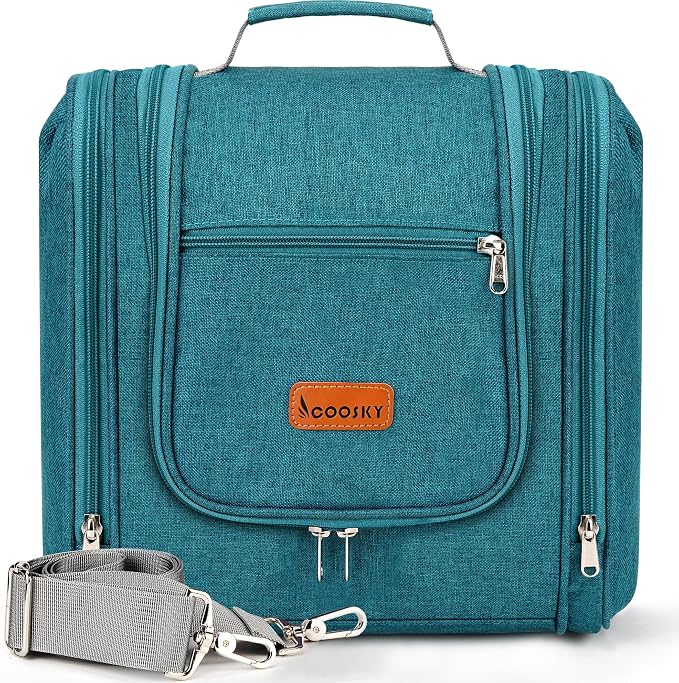 Travel Hanging Toiletry Bag for Women and Men, 6 Organizer Compartments, Holds Full Size Bottles, Extra Large Cosmetic Accessories, Makeup essentials, Bathroom Water-resistant Toiletries Bag, Blue by COOSKY
